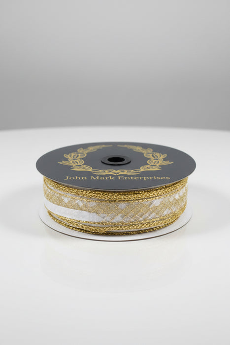 Jeweled Trim Metallic Dupion Gold John Mark Ribbon: 1in wide x 10yd