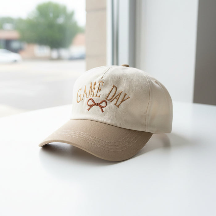 Tan & Cream Gameday Hat With Brown Bow