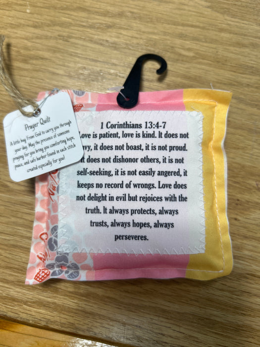 Square Pocket Prayer Quilt with a Wood Cross Inside.  Different Verses or Quotes Available.