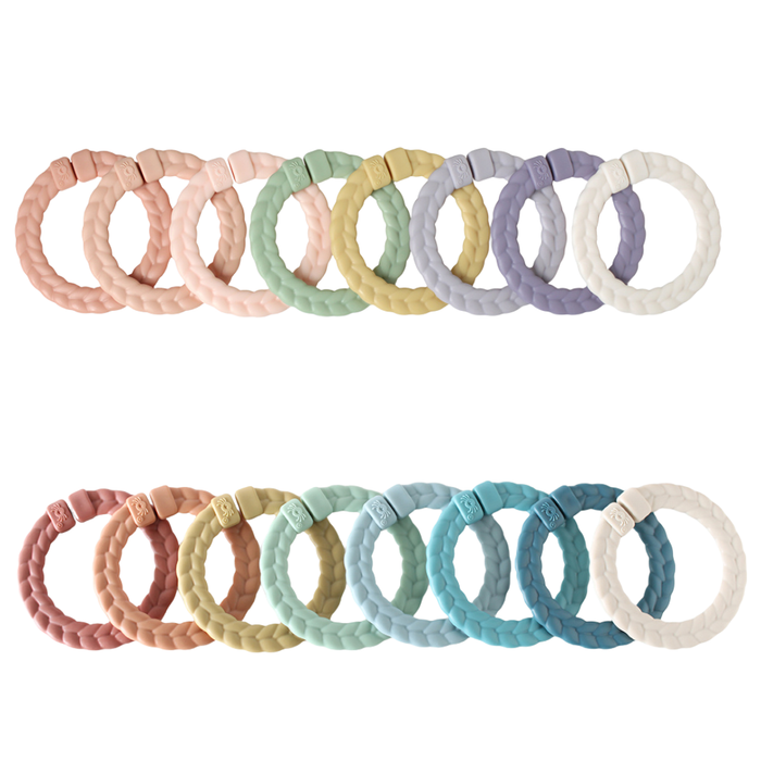 Bitzy Bespoke Itzy Rings™ Linking Ring Set: Muted Rainbow Color.  Use as a teether, toy, or to attach things to a stroller.