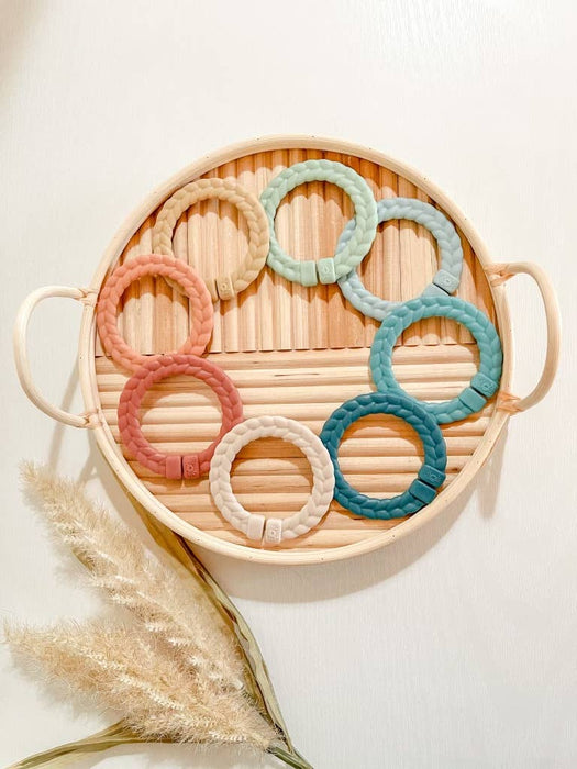 Bitzy Bespoke Itzy Rings™ Linking Ring Set: Muted Rainbow Color.  Use as a teether, toy, or to attach things to a stroller.