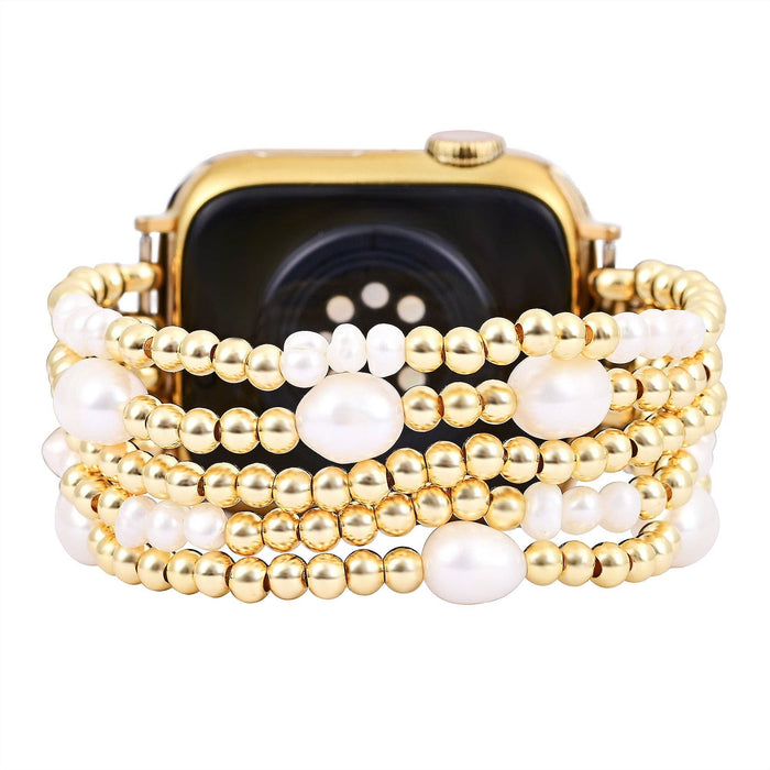 Gold and Pearl Stretch Apple Watch Bracelet Band Strap.  Water Resistant.  Compatible with 38mm - 45mm Watch Face.
