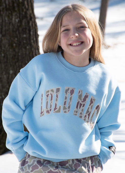 YOUTH Lulu Mac Sweatshirt Light Blue with Camo Embroidery