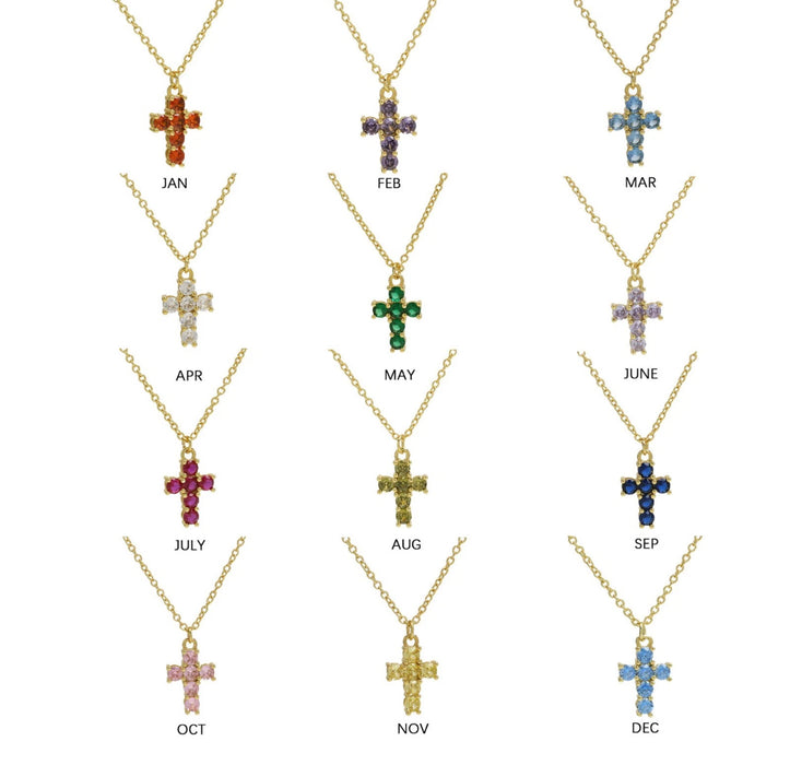 Birthstone CZ Cross Necklace.  Available in Gold or Silver.  Adjustable slide Necklace.