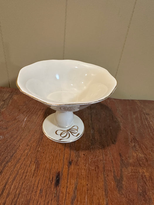 Vintage Cream Compote Dish Pedestal Bowl with Gold Ribbon Accent.  Perfect Centerpiece.