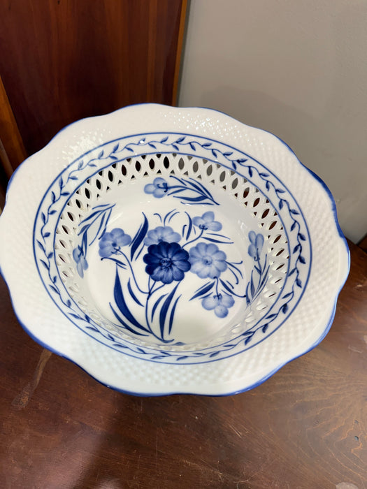 Vintage Blue & White Pierced Pedestal Compote Bowl | Delft Style Floral Footed Serving Bowl