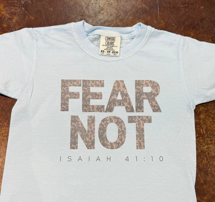 YOUTH Chambray Light Blue Tee with CAMO “Fear Not”.  Comfort Colors Brand.  Mark McGlothin Benefit Fundraiser.