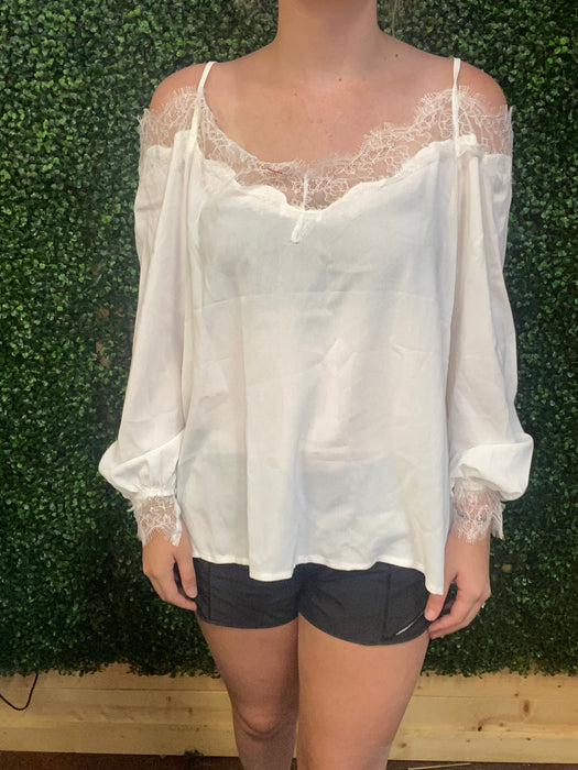 #46 Cream Off The Shoulder Blouse with Lace Trim - L ONLY!
