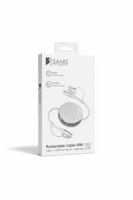 60W USB, Type C to Type C, Lightning Retractable Cable