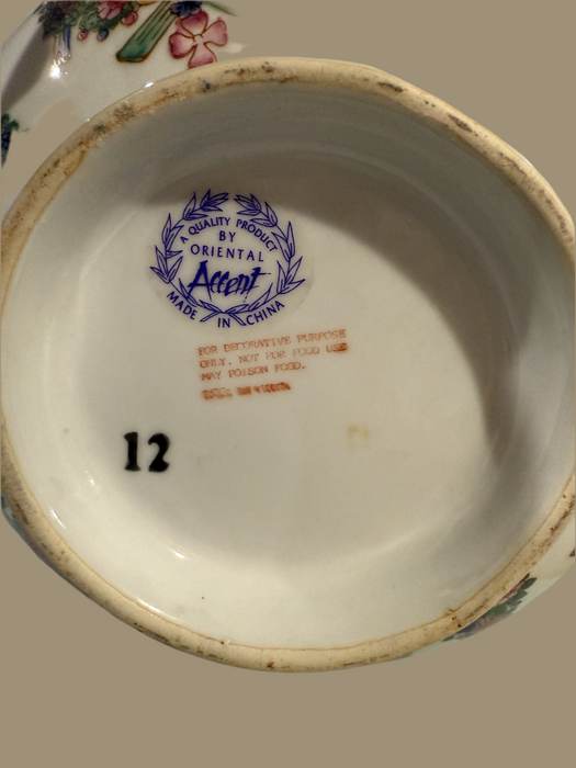 Vintage Blue and White Porcelain Crown Bowl By Oriental Accent. 10 in Diameter