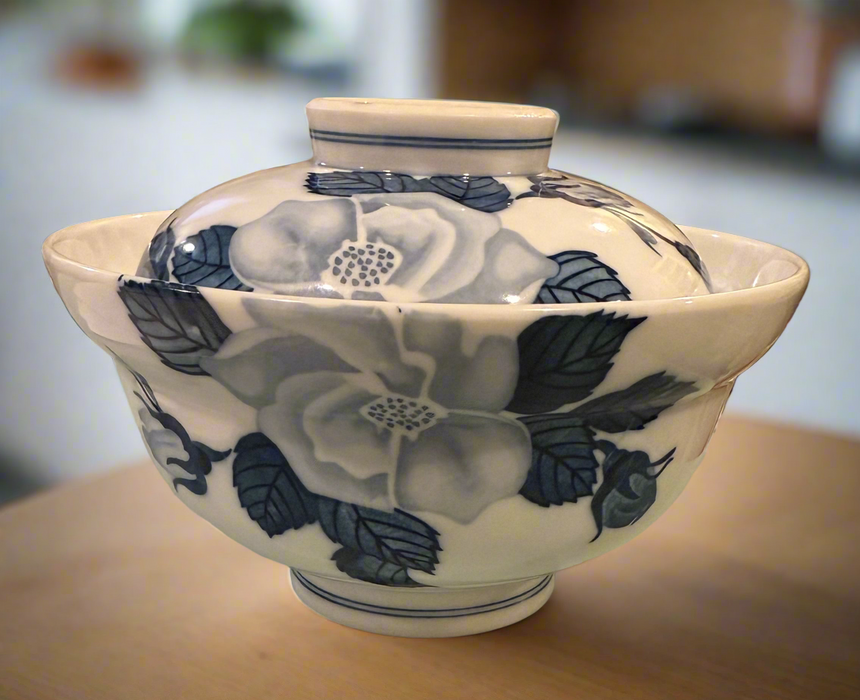 Vintage Porcelain Hand Painted Floral Bowl with Lid