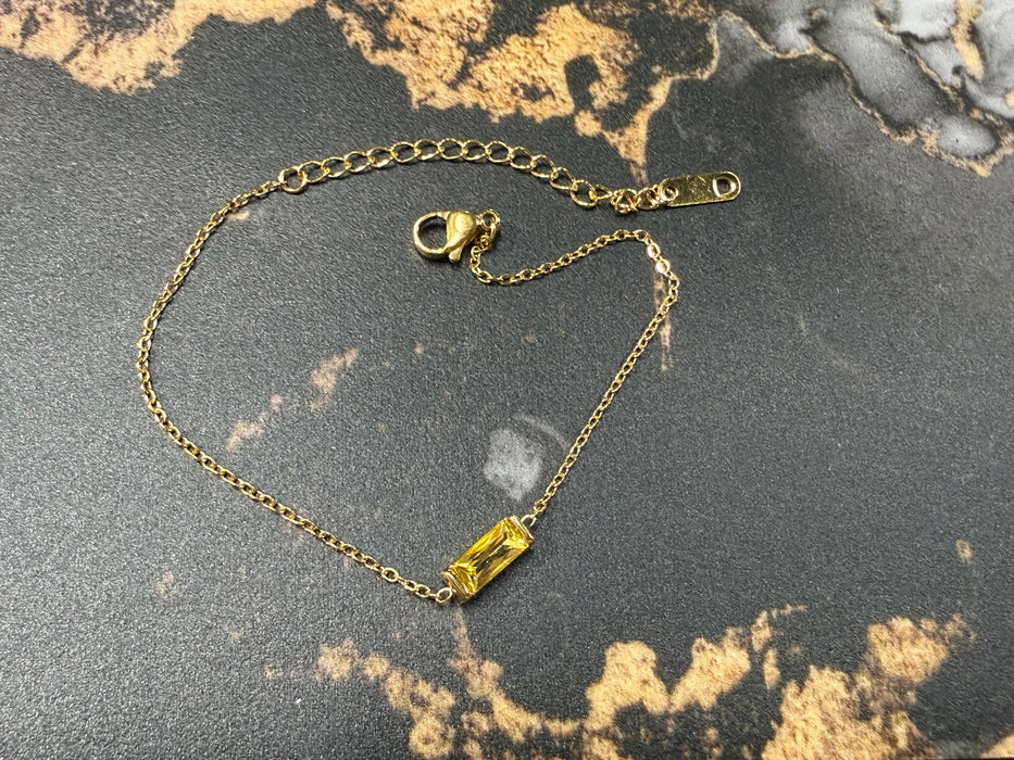 Birthstone Bracelets with Rectangle Birthstone Charm On Gold Chain- Great for Stacking!