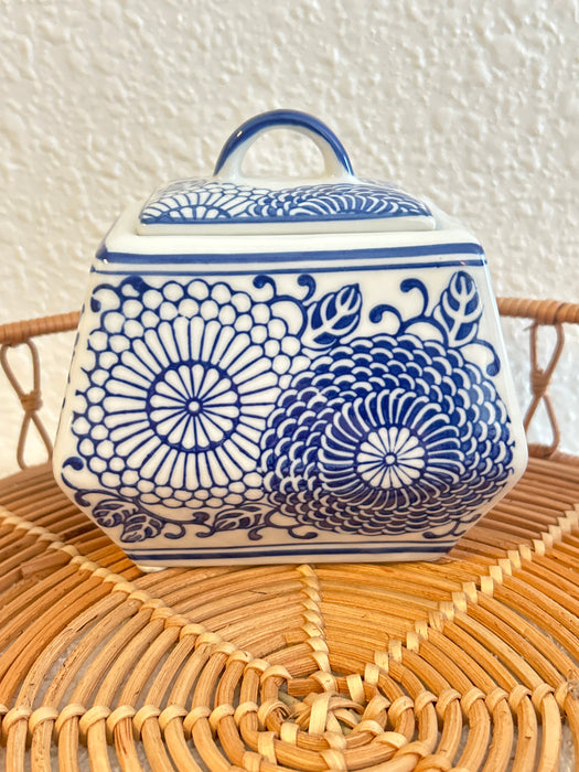 Vintage Blue & White Porcelain Box with Lid