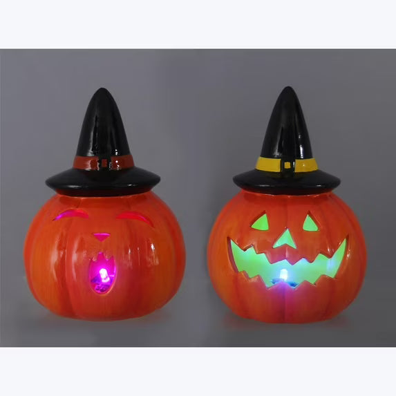Ceramic Vintage Halloween Pumpkin Lantern w/ LED- 2 Styles!