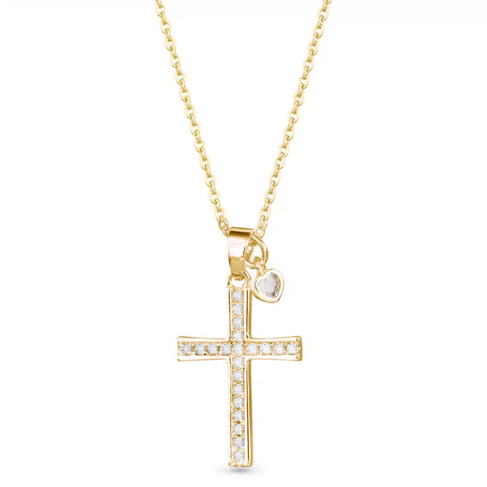 Pave Cross with Heart Droplet Necklace - Gold