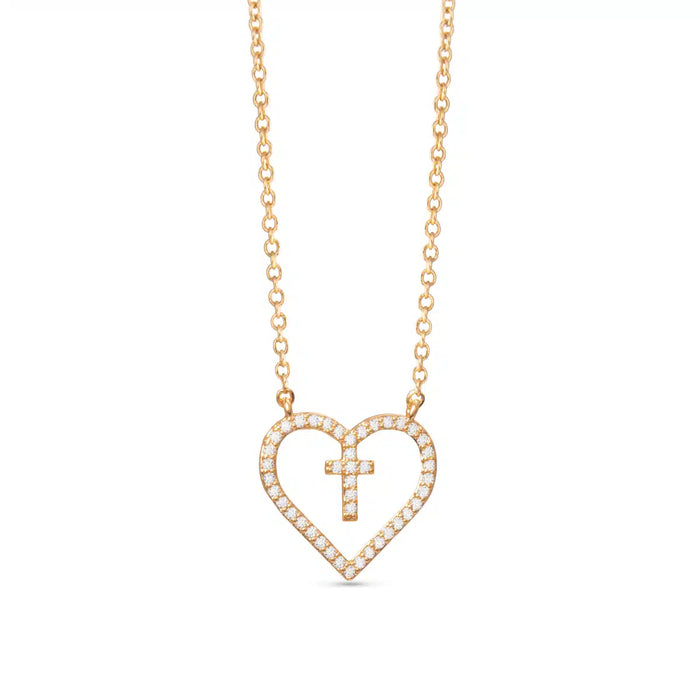 Gold Heart with Inset Cross Necklace - Gold