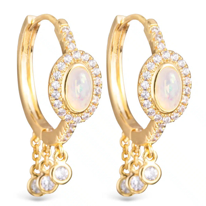 CZ and Oval Opal Huggie with CZ Droplets – Gold