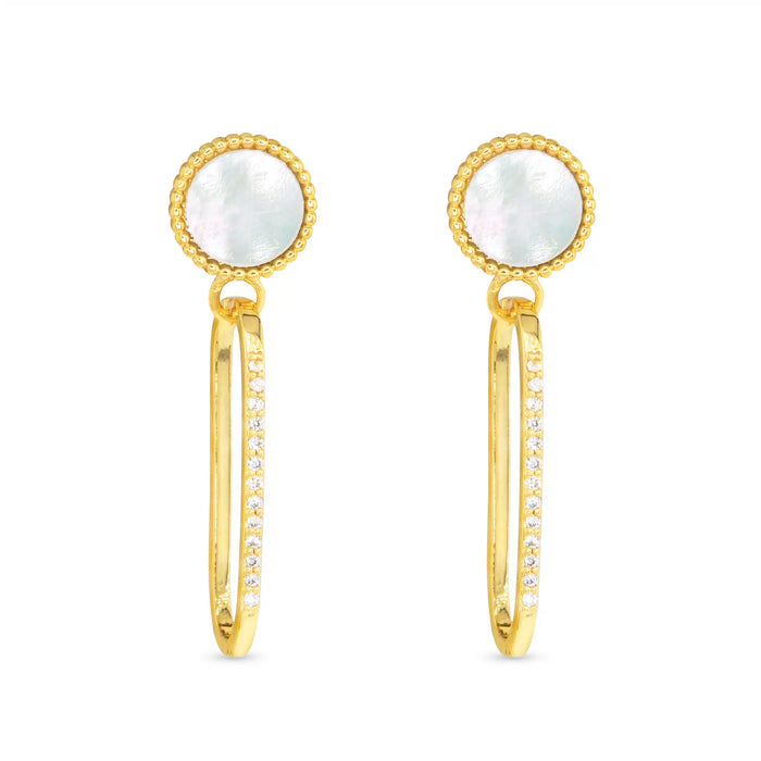 Gold CZ & MOP Disk Drop Earrings
