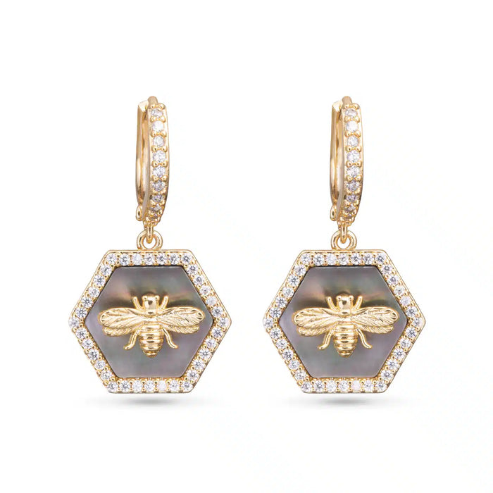 Hexagon Grey Mother of Pearl and CZ with Bee Earrings