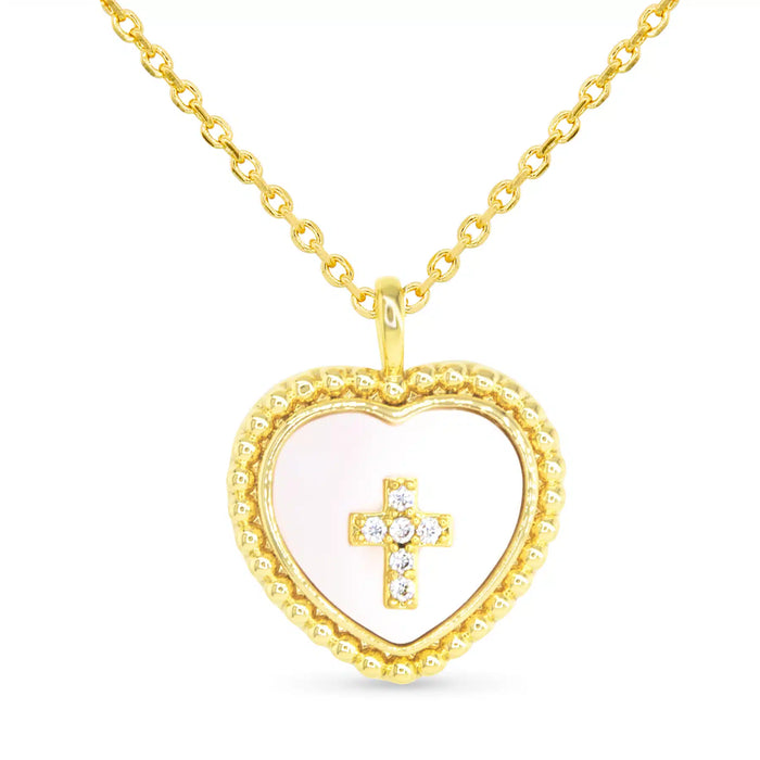 Gold CZ & MOP Heart Cross Necklace