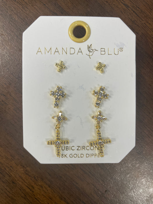 Gold CZ Trio Cross with Drop Earrings