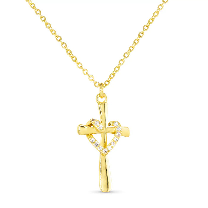 Gold CZ Cross Heart Necklace