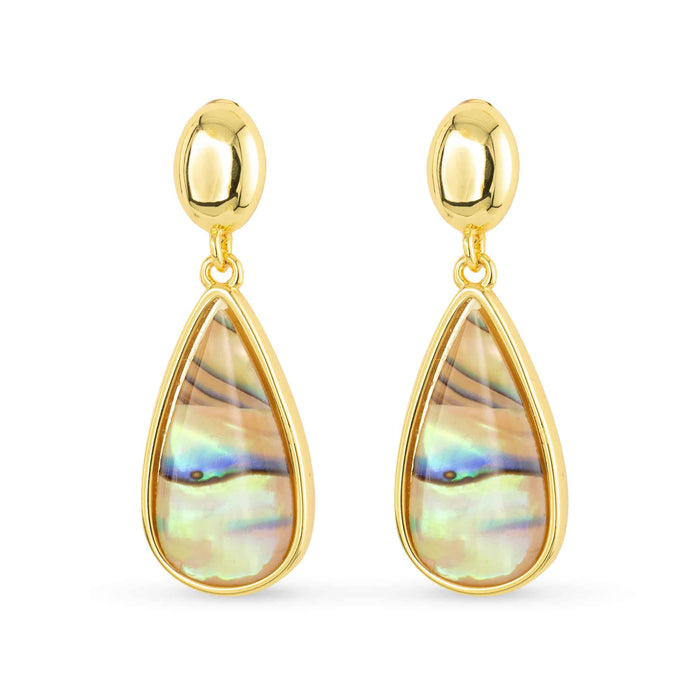 Gold Abalone Tan Teardrop Drop Earrings