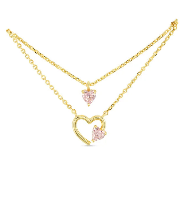 Gold CZ Dual Pink Heart Necklace
