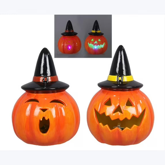 Ceramic Vintage Halloween Pumpkin Lantern w/ LED- 2 Styles!