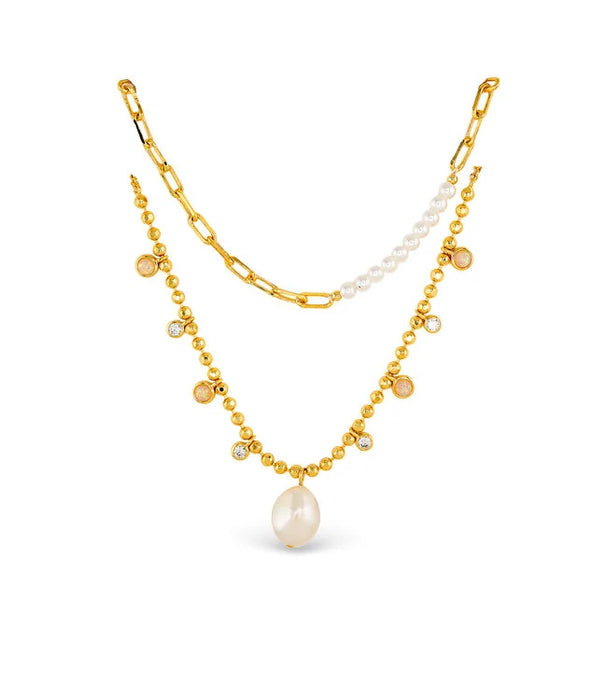Gold CZ & Pearl Dual Layer Chain Necklace