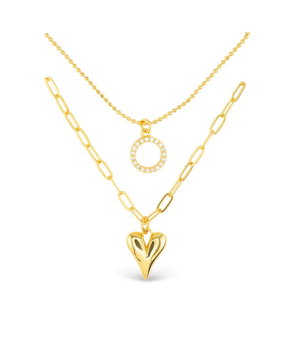 Gold CZ Dual Layer Circle Heart Necklace