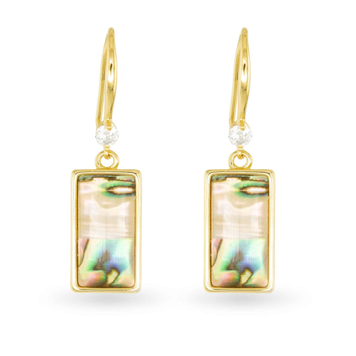Gold Abalone Tan Rectangle Drop Earrings