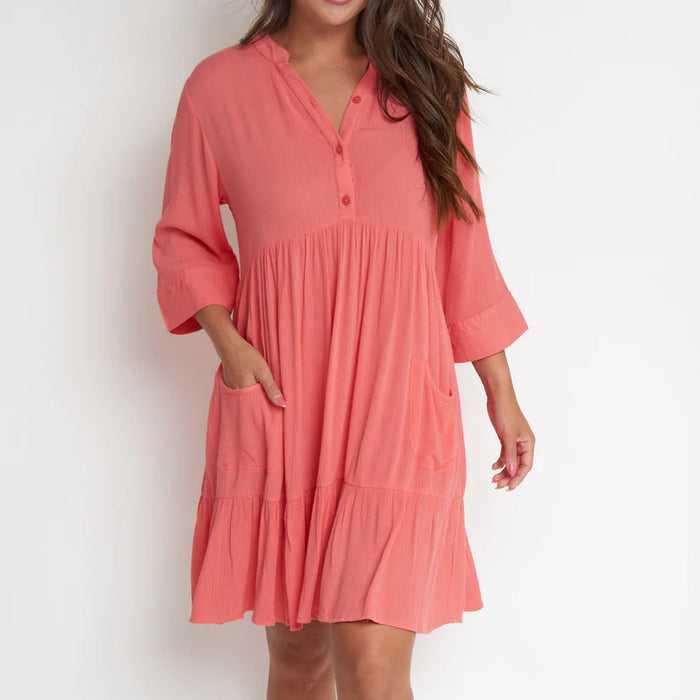 Rayanne Coral Tiered Dress with Top Buttons