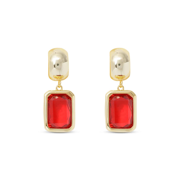 Gold Crystal Ruby Rectangle Earrings
