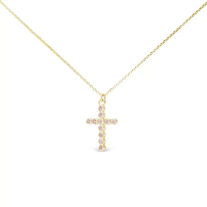 Gold CZ Round Set Pink Cross Necklace