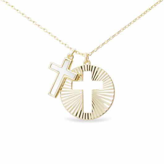 Gold MOP Cross and Gold Disc Cutout Cross Pendant