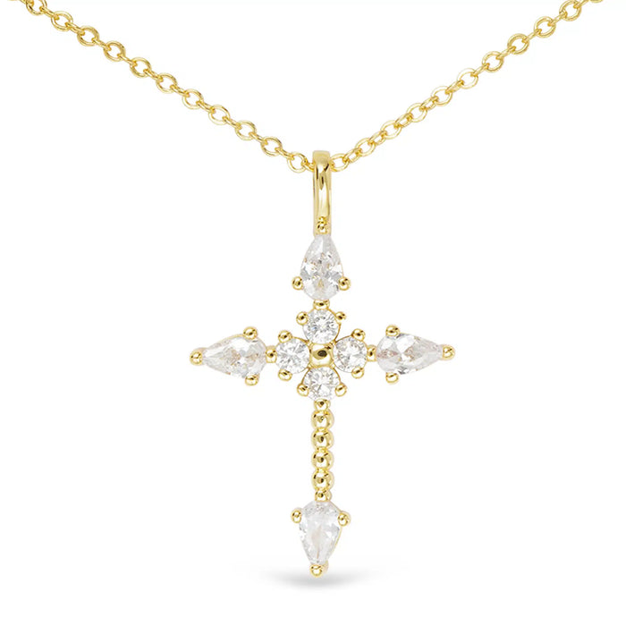 Gold CZ Pear Shape Stone Cross Necklace