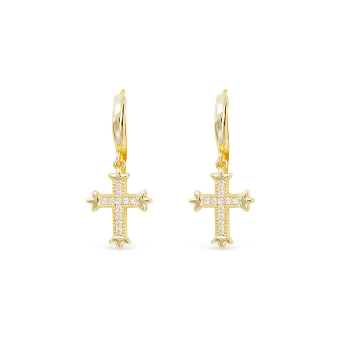 Gold CZ Hoop Small Vintage Cross Earrings