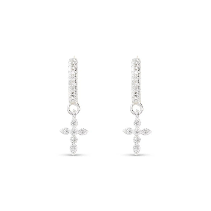 Silver CZ Hoop Small Cross Drop Earrings