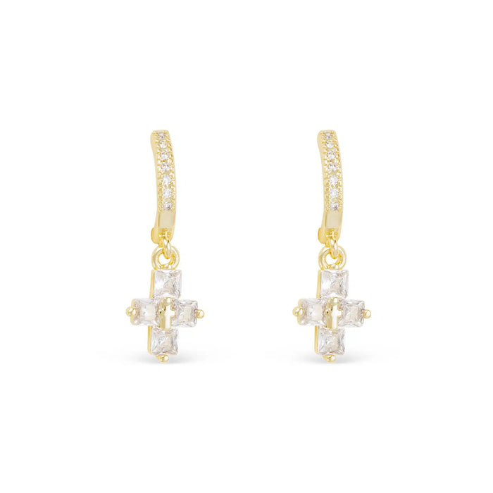 Gold CZ Hoop Small Baguette Cross Drop Earrings