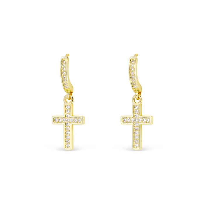 Gold CZ Hoop Framed Cross Drop Earrings