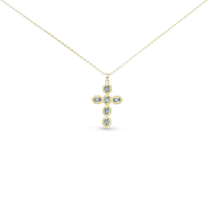 Gold CZ Vintage Blue Cross Necklace