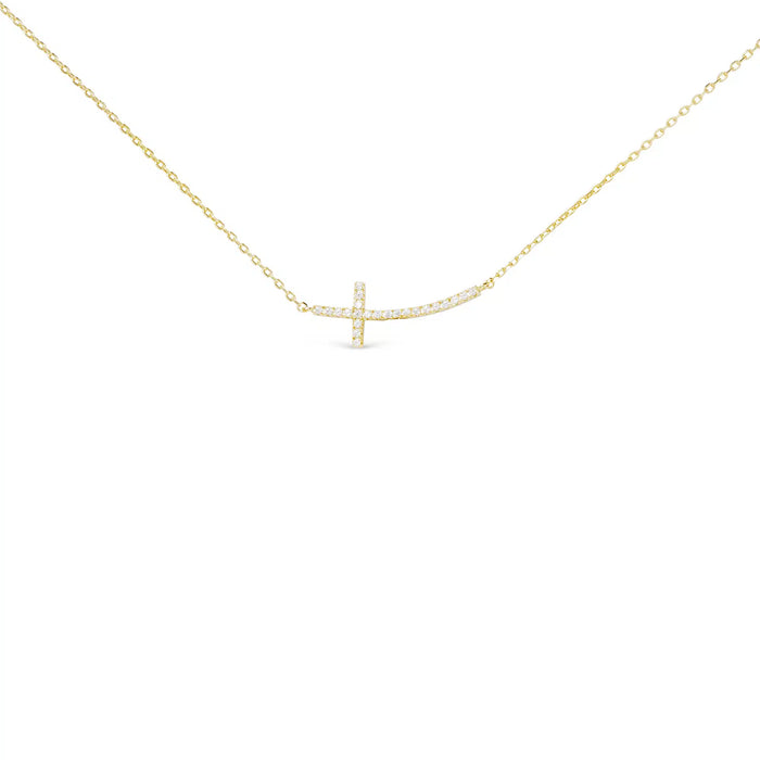 Gold CZ Curved Laying Cross Necklace