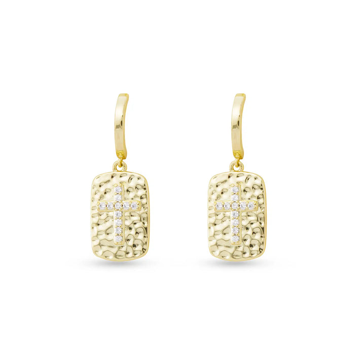Gold CZ Hammered Pendant Cross Drop Earrings