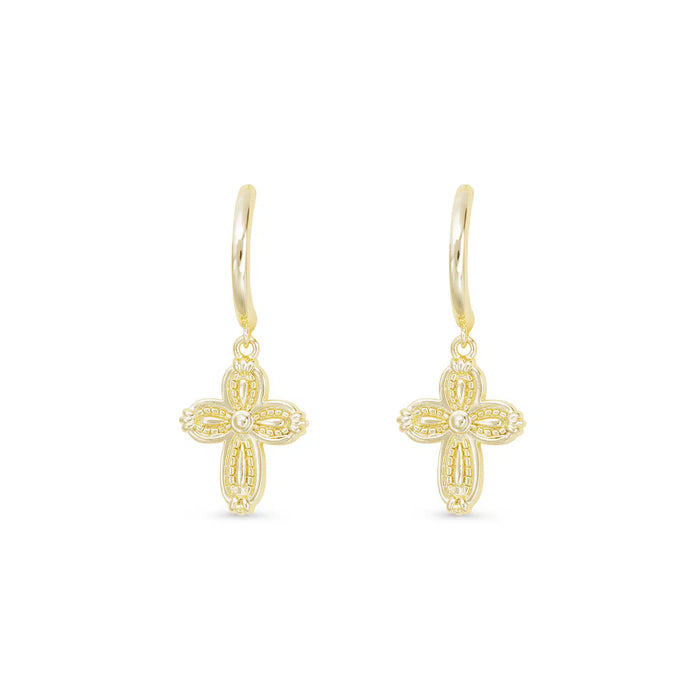 Gold Patterned Small Cross Hoop Drop Earrings