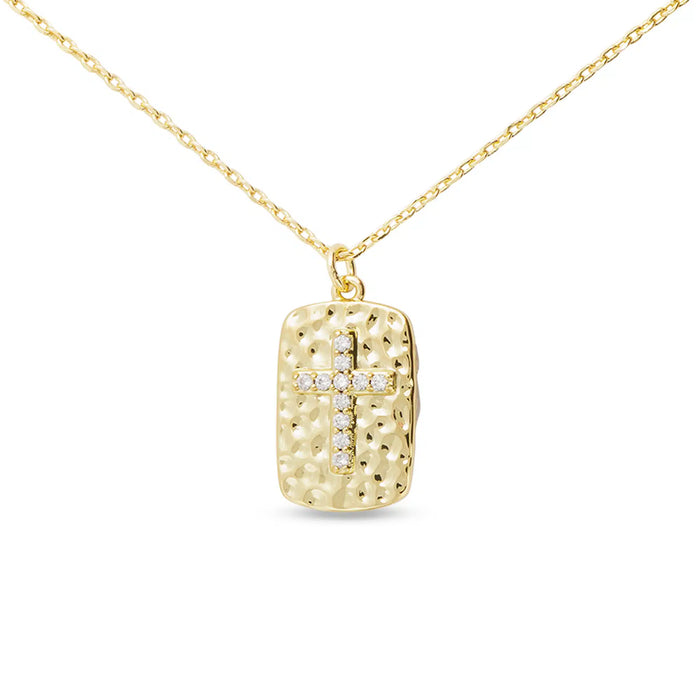 Gold CZ Hammered Pendant Cross Necklace