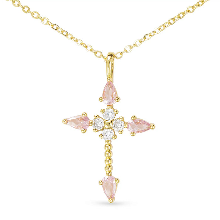 Gold Pink CZ Pear Shape Stone Cross Necklace