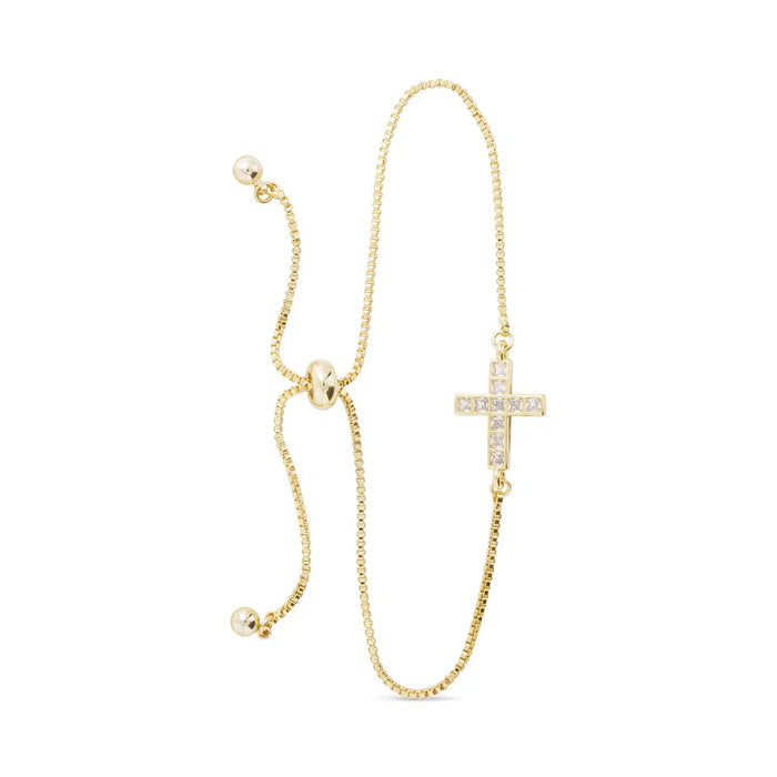 Gold CZ Framed Cross Pull Cord Bracelet