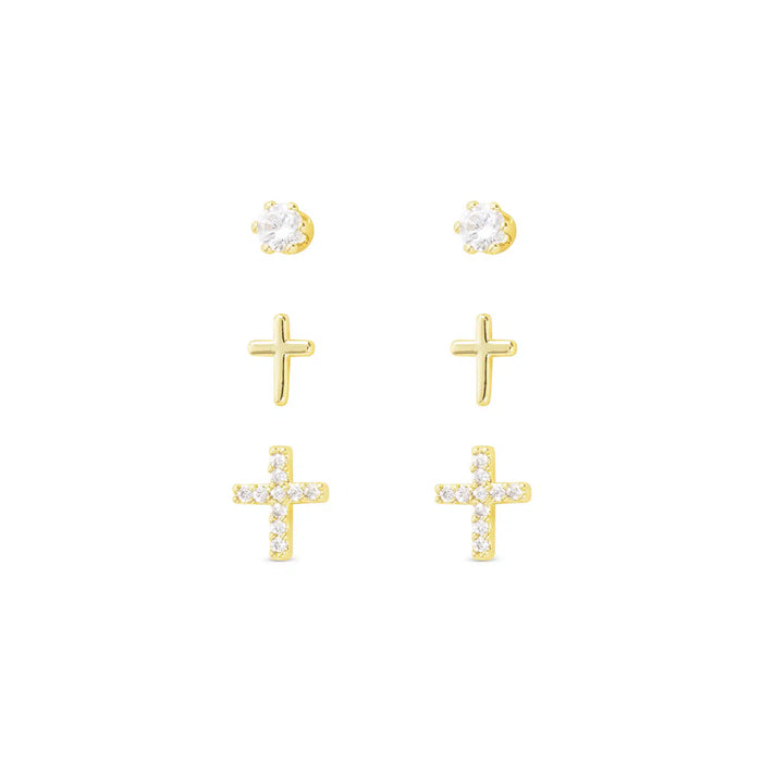 Gold CZ Trio Cross with Stud Earrings