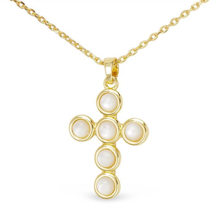 Gold MOP Circle Set Cross Necklace